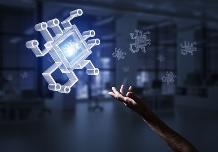 Close of businessman hand touching glass chip icon on dark office background. Mixed media