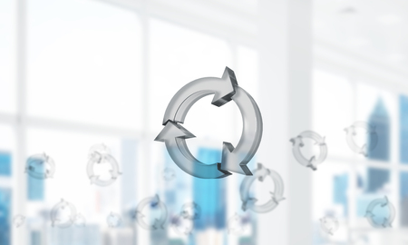 Glass recycle icons flying in modern interior. Mixed mediaの写真素材