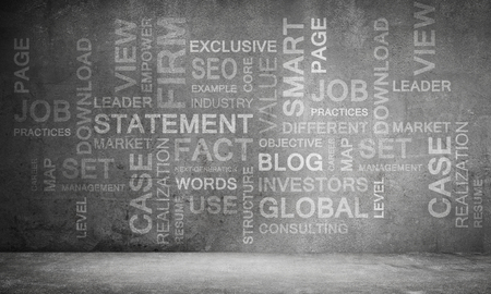 Modern business keywords and terms collage on dark grey wall on background. 3D rendering.の写真素材