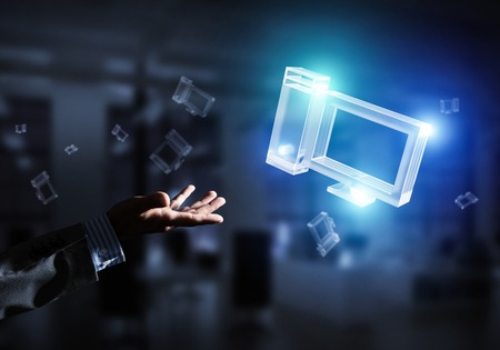 Close of businessman hand showing at glass cloud computing concept. Mixed mediaの写真素材