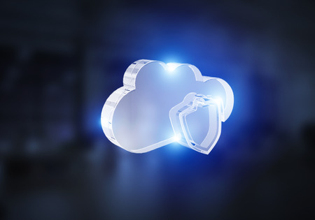 Glass cloud icon as concept for cloud computing on interior background. Mixed mediaの写真素材