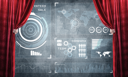 Hand opening red curtain and drawing business graphs and diagrams behind itの写真素材