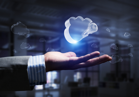 Close of businessman hands showing glass cloud computing concept. Mixed mediaの写真素材