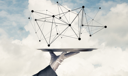 Cropped image of waitress's hand in white glove presenting black social media network structure on metal tray with cloudy skyscape on background. 3D rendering.の写真素材