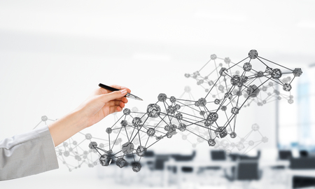 Close of businessman hand holding pen and drawing glass connection concept out of screen. 3d renderingの写真素材