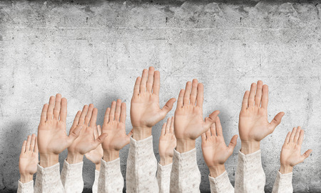 Row of man hands showing voting gesture. Participation and agreement group of signs. Human hands...