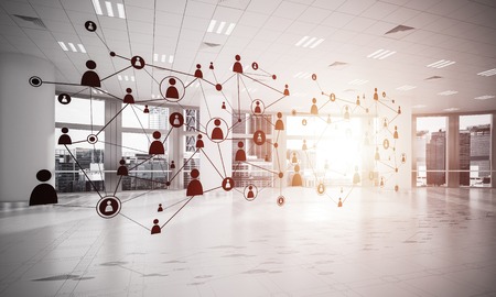 Lines connected with dots as social communication concept in office interior. 3D renderingの写真素材