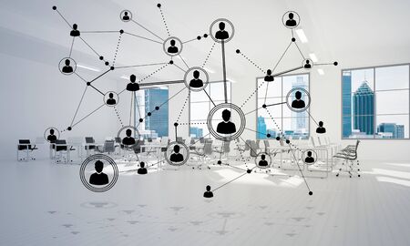 Lines connected with dots as social communication concept in office interior. 3D renderingの写真素材