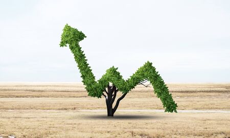 Green plant in shape of of grow up trend at dry field. Business analytics and statistics. Friendly...