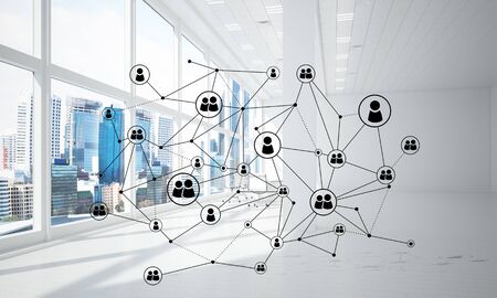 Lines connected with dots as social communication concept in office interior. 3D renderingの写真素材