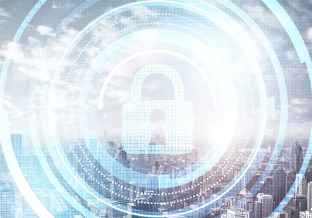 Global cybersecurity mixed media with virtual locking padlock on cityscape background. Data...