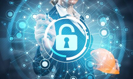 Digital cybersecurity and network protection concept. Virtual locking mechanism to access shared...
