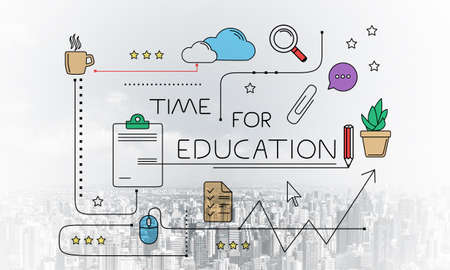 Time for education linear sketch on background of modern downtown. Internet learning and business knowledges. Mind map of educational web content. Commercial marketing and business presentation.の写真素材
