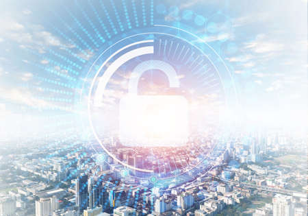 Cybersecurity mixed media with virtual locking padlock on cityscape background. Data privacy...