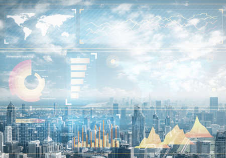 Forex trading business concept with abstract financial graphics on background of modern city...
