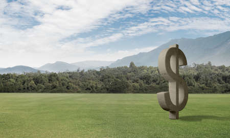 Stone dollar symbol on natural landscape as currency signの写真素材
