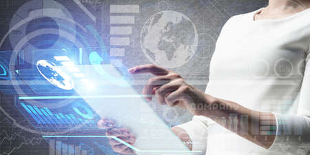 Digital technologies in modern business concept. Virtual interface with charts and diagrams. 3d data...