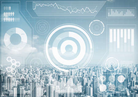 Stock market data on background of modern cityscape. Virtual interface of online trading platform....