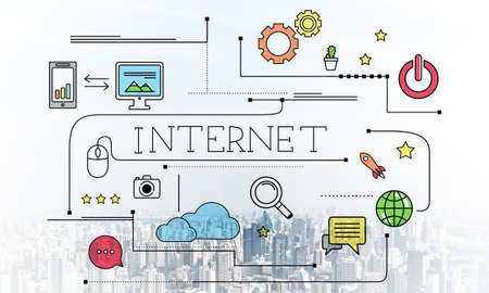 Internet connection linear sketch on background of modern downtown. Strategy planning and analysis. Mind map of internet network engineering and development. Marketing and presentation template.の写真素材