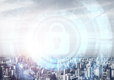 Virtual locking mechanism on background of downtown. Internet concept for identity and access...