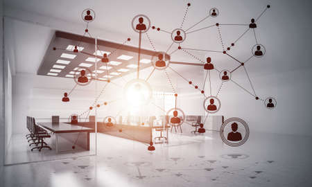 Lines connected with dots as social communication concept in office interior. 3D renderingの写真素材