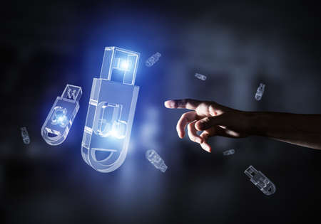 Close of businessman touching with finger glass usb icon. Mixed mediaの写真素材