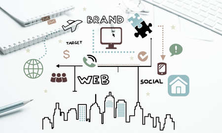 Business workplace with keyboard and marketing ideas