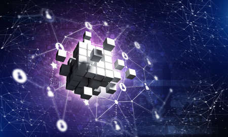 Conceptual background image with cube figure and social connection lines. 3d renderingの写真素材