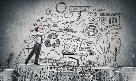 Businessman playing fife while standing on pile of documents among flying letters with eco-analytical information on background. Mixed media.の写真素材