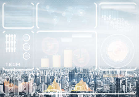 Abstract business charts on background of financial district of megapolis city. Digital economy and...