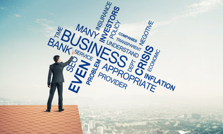 Businessman writing business related and success conceptual words. Mixed mediaの写真素材