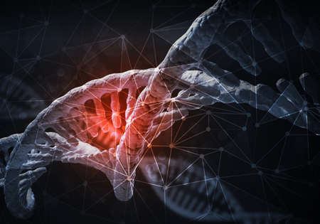 Background image with DNA molecule research concept. 3D renderingの写真素材
