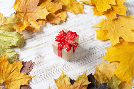 Flat lay cute composition with gift box and yellow autumn leaves. Holiday present decorated red...