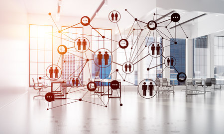 Lines connected with dots as social communication concept in office interior. 3D renderingの写真素材