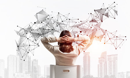 Businesswoman holding hands behind head and looking on social network structure. Back view woman in white suit sitting on white chair. Social connection and networking. Global cloud technology conceptの写真素材