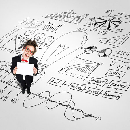 Top view of funny businessman holding blank paper sheetの写真素材
