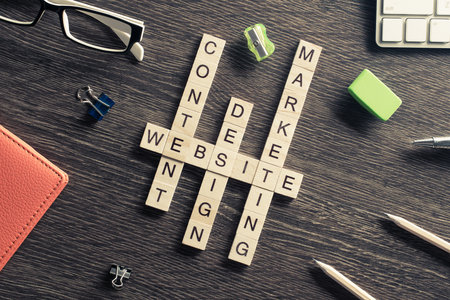 Marketing and business concept with crossword collected of game blocksの写真素材