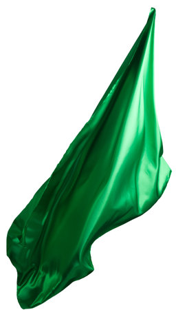 Green cloth flutters in the wind. Isolated on white backgroundの写真素材