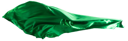 Green cloth flutters in the wind. Isolated on white backgroundの写真素材