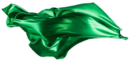 Green cloth flutters in the wind. Isolated on white backgroundの写真素材