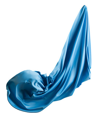 Blue cloth flutters in the wind. Isolated on white backgroundの写真素材
