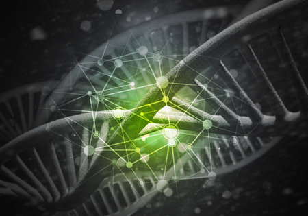 Background image with DNA molecule research concept. 3D renderingの写真素材