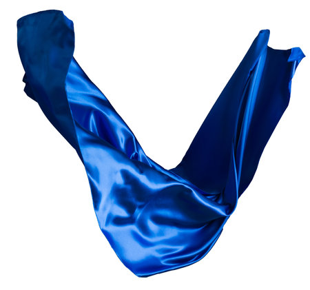 Blue cloth flutters in the wind. Isolated on white backgroundの写真素材