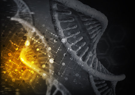 Background image with DNA molecule research concept. 3D renderingの写真素材