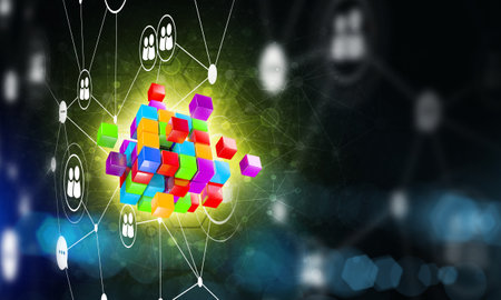 Conceptual background image with cube figure and social connection lines. 3d rendering