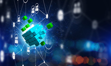 Conceptual background image with cube figure and social connection lines. 3d renderingの写真素材