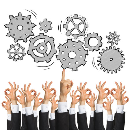 Group of hands of businesspeople showing gestures isolated on whiteの写真素材