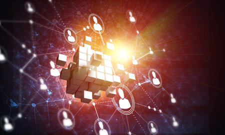 Conceptual background image with cube figure and social connection lines. 3d renderingの写真素材