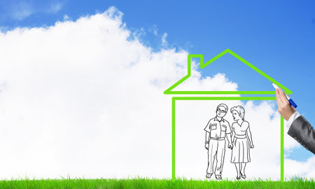 House figure as real estate symbol on clouds backgroundの写真素材