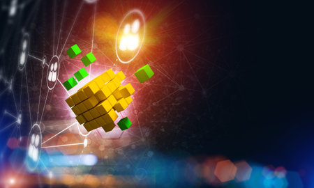 Conceptual background image with cube figure and social connection lines. 3d renderingの写真素材
